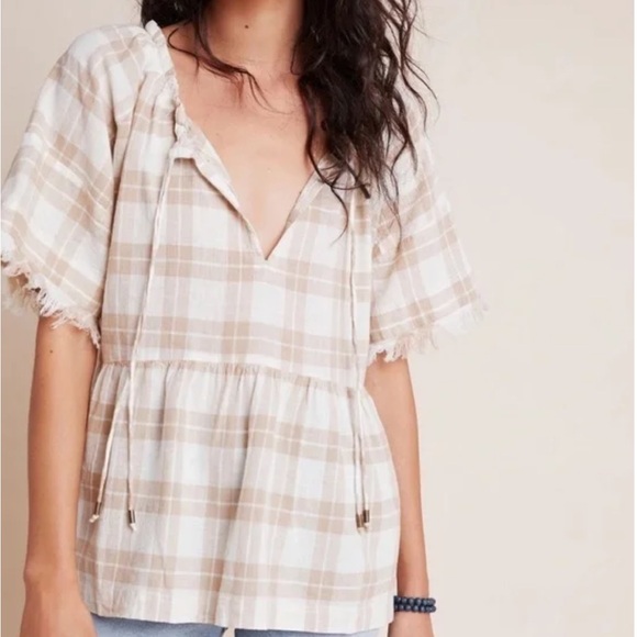 Anthropologie Tops - PILCRO Anthropologie Bette Babydoll Plaid Top Tan Neutral L